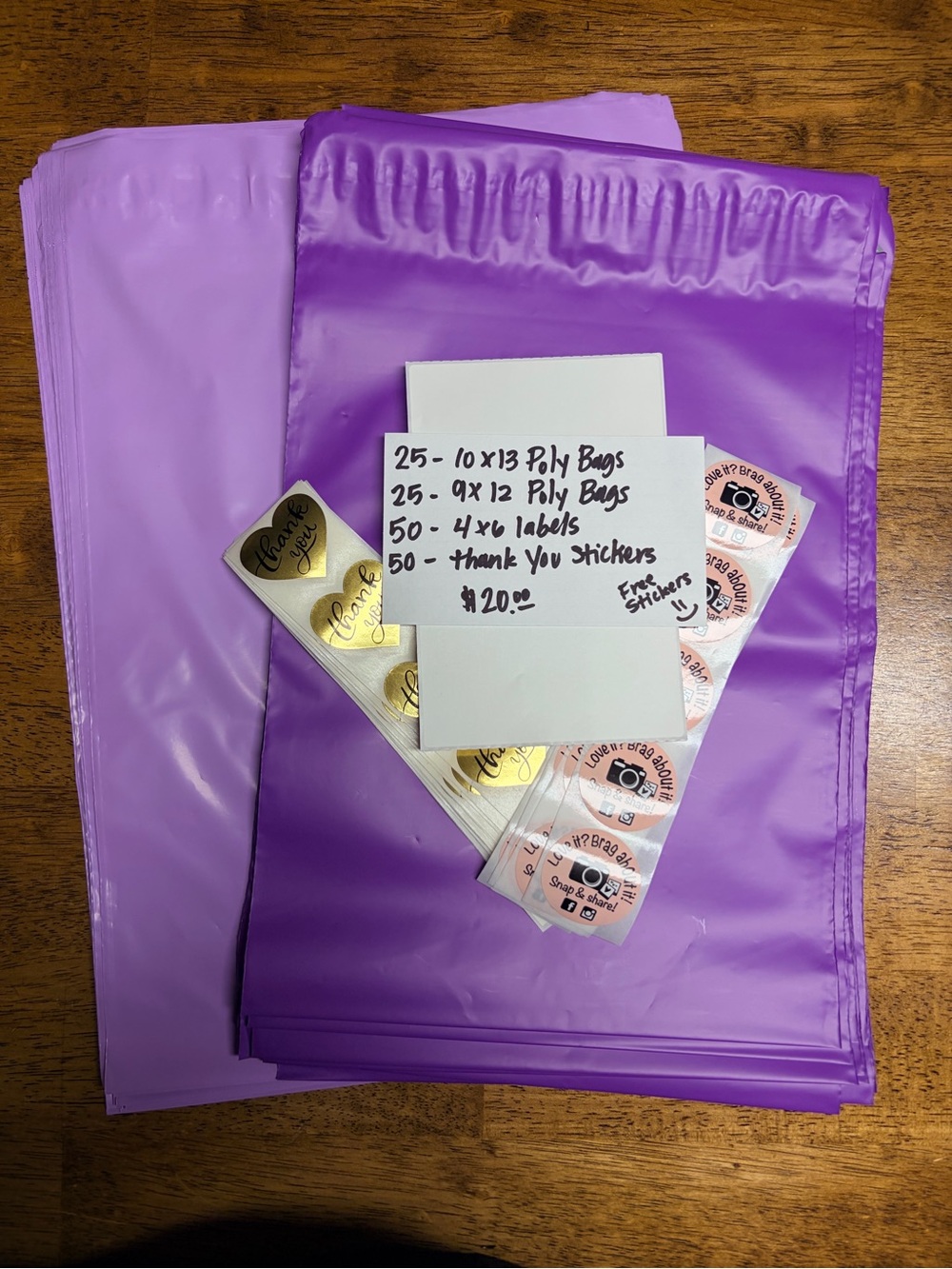 50- Purple Poly Mailer Bags, 50- 4x6 shipping labels, and 50 Sticker Bundle